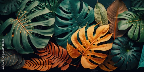 Tropical leaves background  Green abstract texture. Generative AI