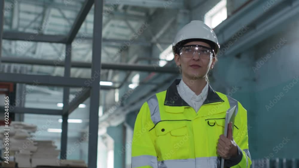 Female engineer is foing at workshop. Man and woman have discussion at construction site. Industrial employees communicate at workplace. Workers dressed up in uniforms protective helmets and googles, Female engineer is foing at workshop. Man and woman have discussion at construction site. Industrial employees communicate at workplace. Workers dressed up in uniforms protective helmets and googles,