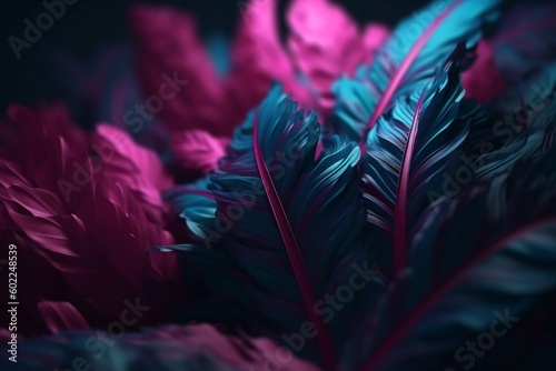 plant tropical leaf night jungle purple neon creative background art exotic. Generative AI. © VICHIZH
