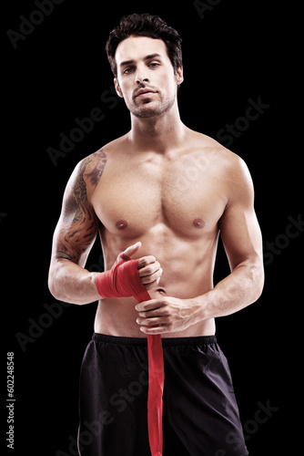 Boxer, serious and portrait studio man training for exercise on black background at the gym. Boxing, model and fight in champion sport for body workout for health and wellness as motivation.