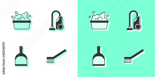 Set Brush for cleaning, Basin with soap suds, Dustpan and Vacuum cleaner icon. Vector