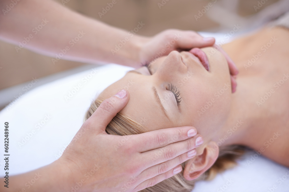Relax, massage and acupressure on face, woman at spa for health and wellness in luxury skincare treatment. Beauty salon, professional skin care therapist and girl with healthy cosmetic therapy facial