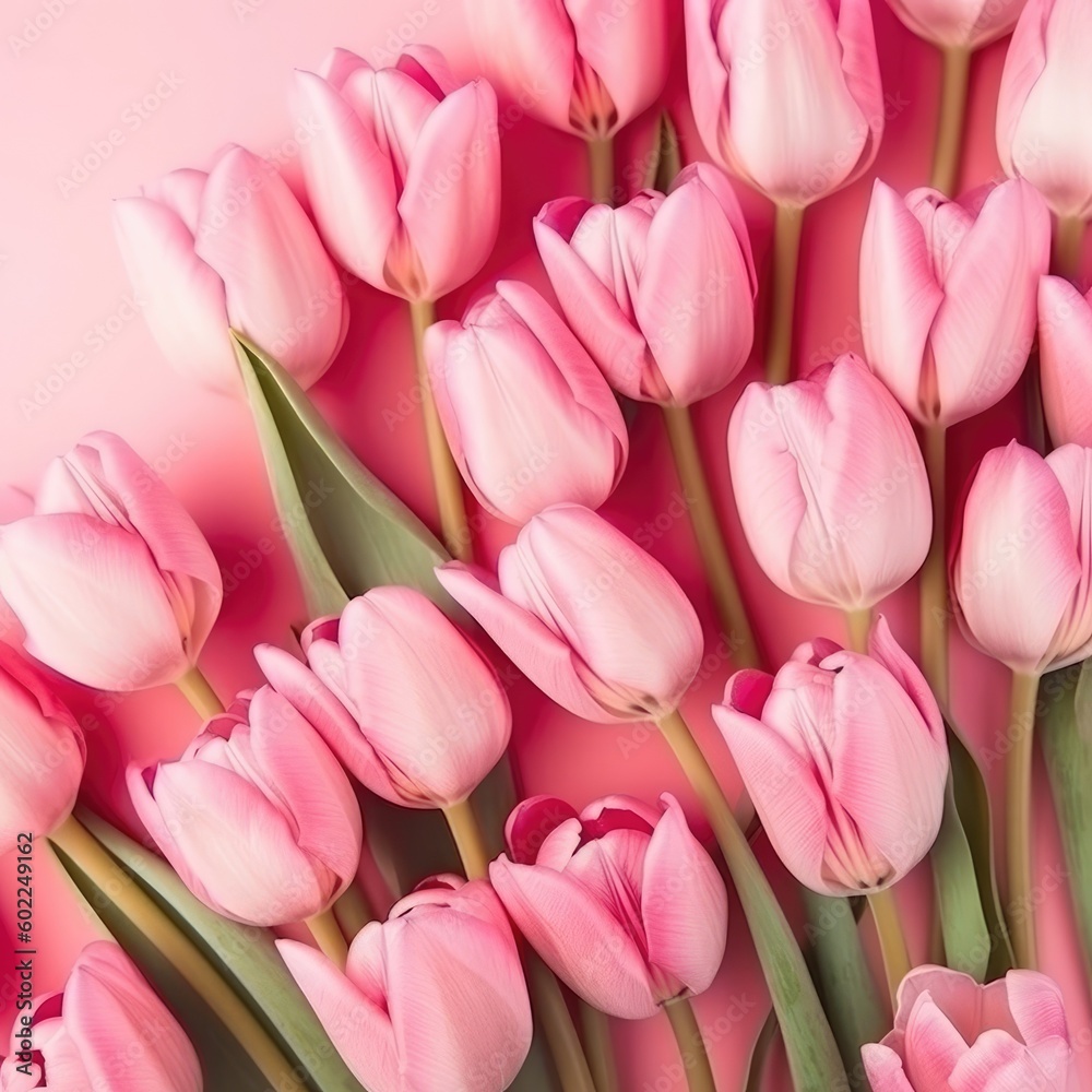 Obraz premium A flat lay of tulip flowers on pink background, suitable for Women's Day, Mother's Day, or spring sale. (Generative AI)