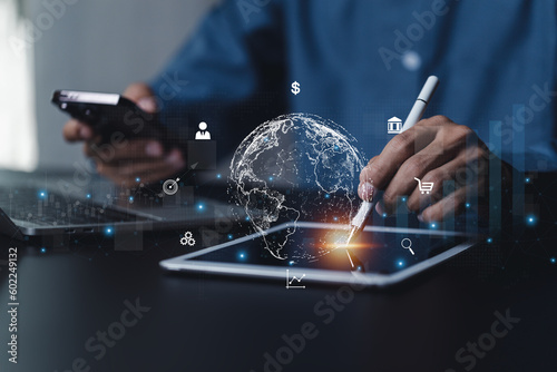 Businessmen use Internet connection technology and digital marketing Finance and Banking Digital Link Technology, Big Data, Investment concept .