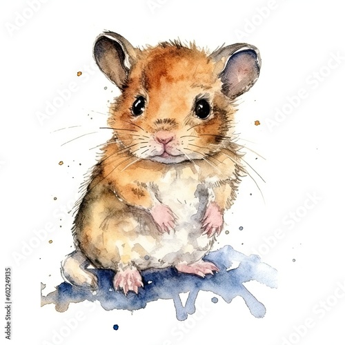 Baby Hamster watercolor with ink outline on white background, high detailed (generative AI) © HandmadePictures