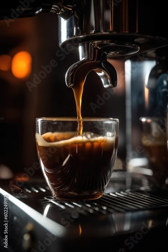 The cafÃ©'s coffee machine pours espresso in a close-up shot. (Generative AI)