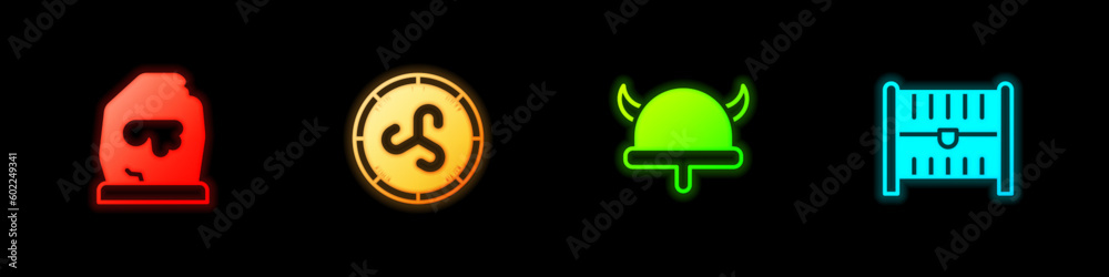 Set Magic rune, Shield viking, Viking horned helmet and Antique treasure chest icon. Vector Set Magic rune, Shield viking, Viking horned helmet and Antique treasure chest icon. Vector