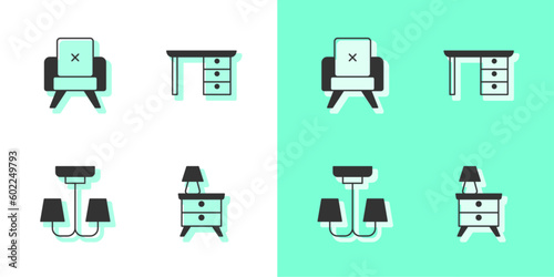 Set Nightstand with lamp, Armchair, Chandelier and Office desk icon. Vector