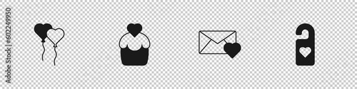 Set Balloons in form of heart, Wedding cake, Envelope with Valentine and Please do not disturb icon. Vector