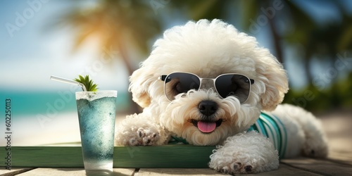 Photo Bichon Frise dog is on summer vacation at seaside resort and relaxing rest on su