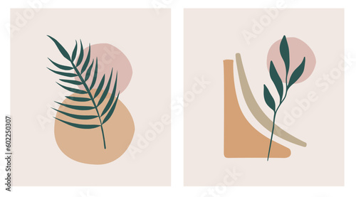 Abstract Modern Vase with Tropical Leaf. Neutral Art, Minimalist Shapes, Boho Decor, Earth Tones. Postcard or brochure cover design
