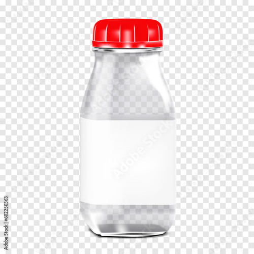 Clear bottle with round screw cap and white blank label on transparent background realistic vector mock-up. Empty food container mockup. Template for design
