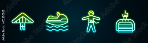 Set line Hang glider, Jet ski, Bungee jumping and Ski lift. Glowing neon icon. Vector