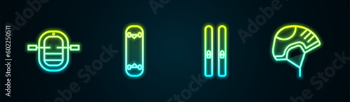 Set line Rafting boat, Skateboard trick, Ski and sticks and Helmet. Glowing neon icon. Vector