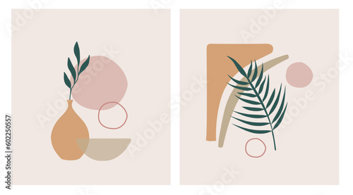 Abstract Modern Vase with Tropical Leaf. Neutral Art, Minimalist Shapes, Boho Decor, Earth Tones. Postcard or brochure cover design