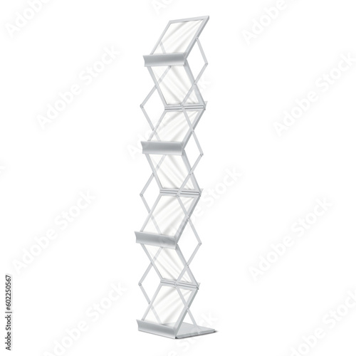 Zig zag display stand with clear shelves vector mockup. Blank white vertical open storage rack realistic mock-up. Brochure, catalogue, magazine holder. Template for design