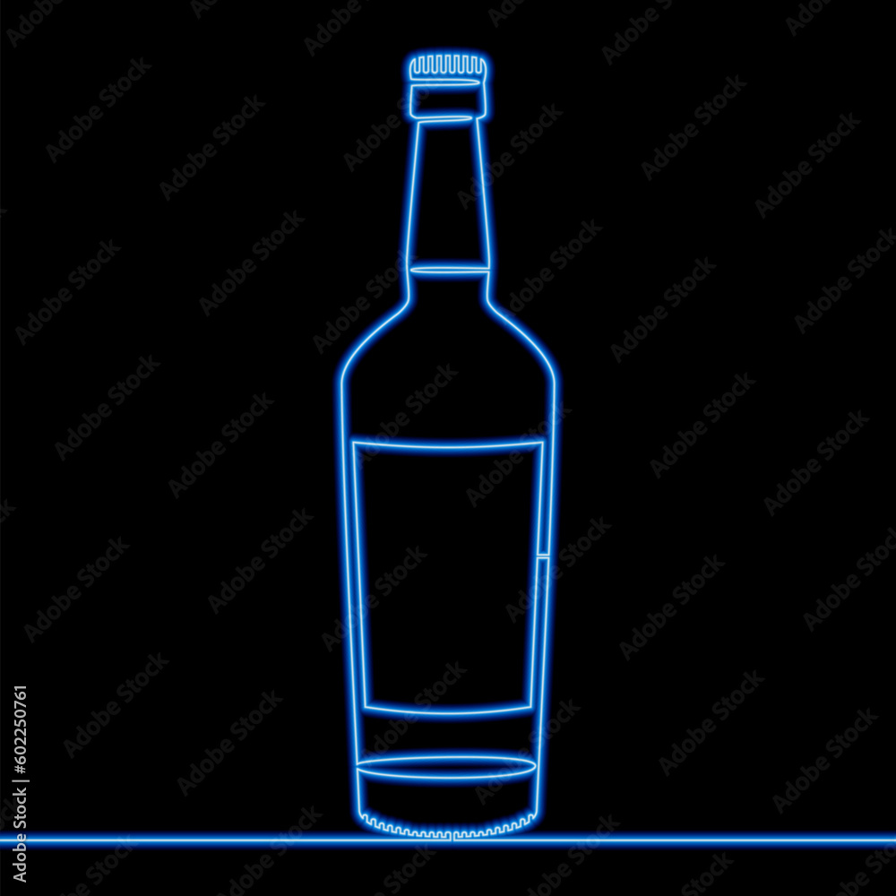 Continuous line drawing bottle beer street pub or bar sign icon neon glow vector illustration concept