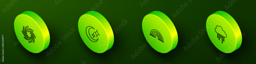 Set Isometric line Tornado, Moon and stars, Rainbow and Cloud with rain icon. Vector Set Isometric line Tornado, Moon and stars, Rainbow and Cloud with rain icon. Vector