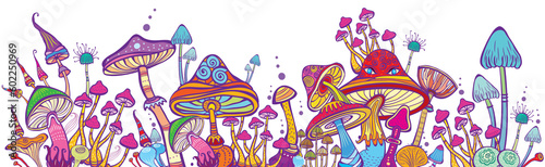 Fotografie Magic mushrooms, Psychedelic hallucination art, Horizontal banner