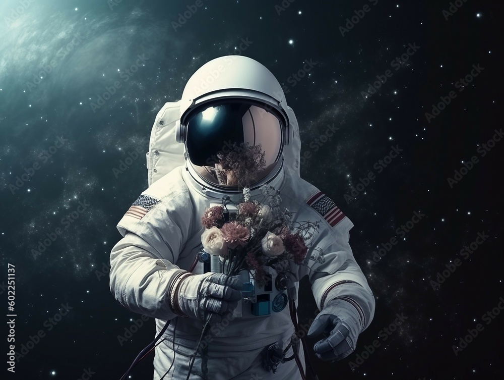 Astronaut in outer space with a bouquet of flowers. AI generated