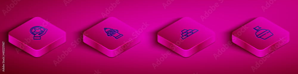 Set Isometric line USA Independence day, Fire hydrant, Gold bars and Cake icon. Vector Set Isometric line USA Independence day, Fire hydrant, Gold bars and Cake icon. Vector
