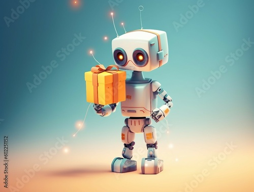 Adorable cute baby robot with a birthday present, AI generated