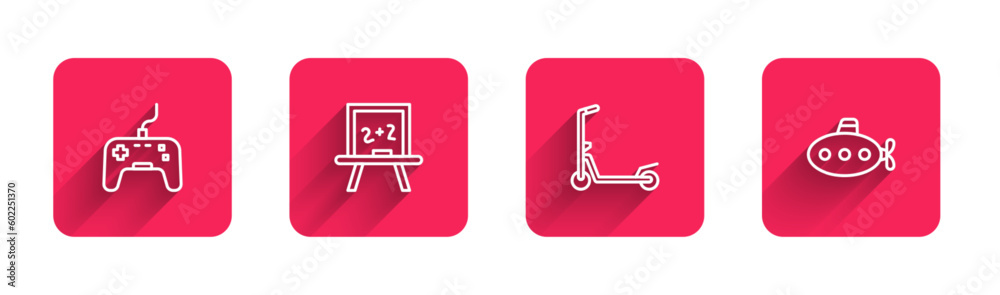 Set line Gamepad, Chalkboard, Scooter and Submarine toy with long shadow. Red square button. Vector Set line Gamepad, Chalkboard, Scooter and Submarine toy with long shadow. Red square button. Vector