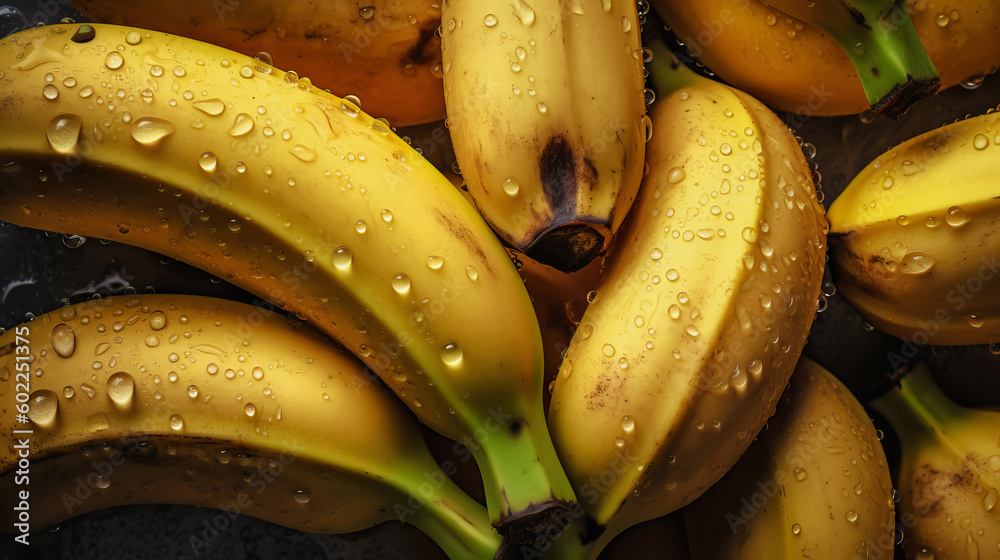 Fresh ripe bananas with water drops background. Fruits backdrop. Generative AI