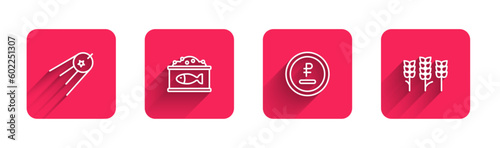 Set line Satellite, Tin can with caviar, Rouble, ruble currency and Wheat with long shadow. Red square button. Vector