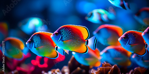 Tropical sea underwater fishes on coral reef. Aquarium oceanarium wildlife colorful marine panorama landscape nature snorkeling diving photo