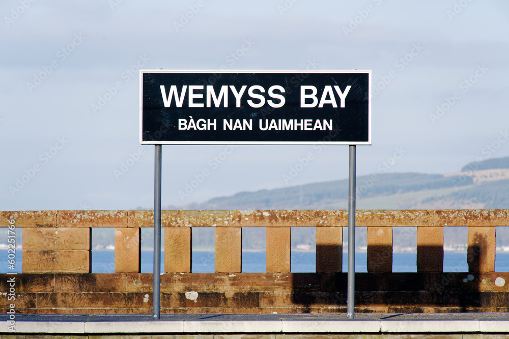 Wemyss Bay train station sign at terminal platform