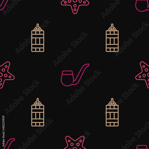 Set line Starfish, Dynamite bomb and Smoking pipe on seamless pattern. Vector
