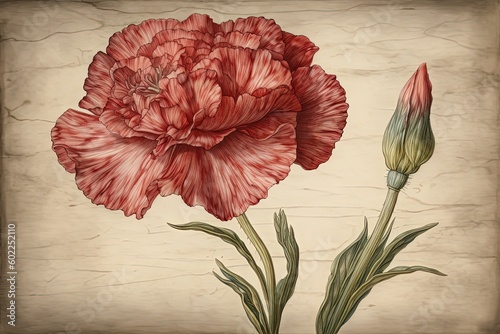 Celebrating the Timeless Beauty of a Carnation: Delicate Watercolor and Fine Linework Combine in a Stunning Drawing, generative AI