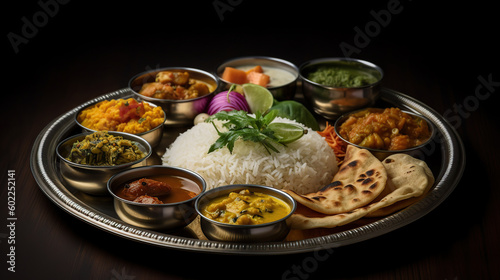  Indian thali,  home made food with lentil dal, cauliflower curry, roti, ghee butter, and  rice, ai illustration isolated on black background 