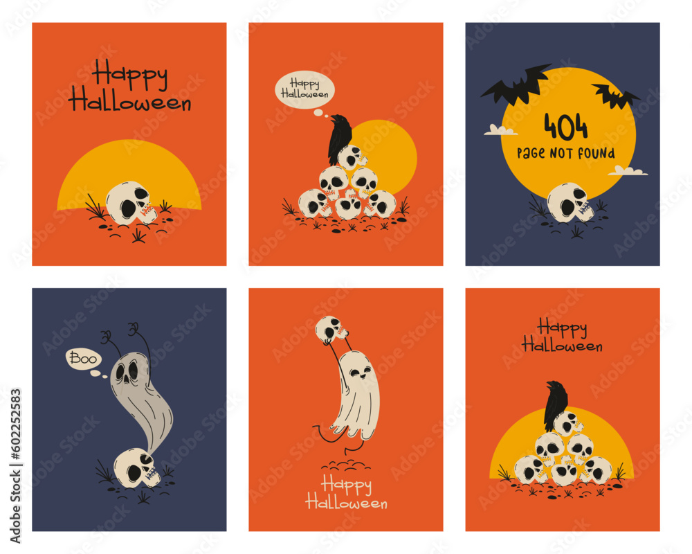 Halloween hand drawn cartoon greeting cards set. Happy halloween posters collection. Vector illustration.
