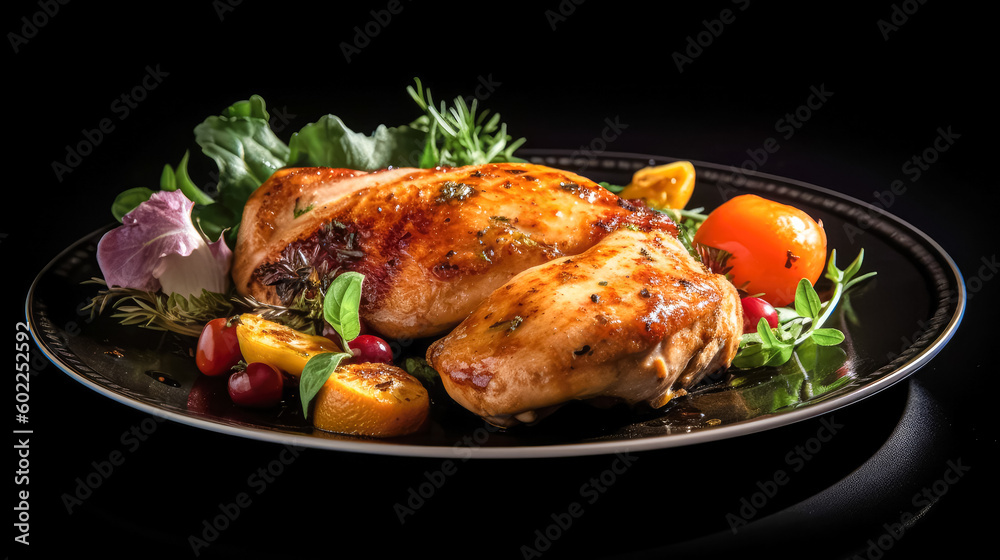 Closeup of tasty roast chicken breast served on plate . Delicious food. Grilled chicken. Generative AI Closeup of tasty roast chicken breast served on plate . Delicious food. Grilled chicken. Generative AI