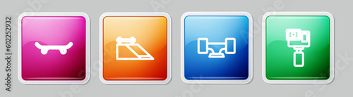 Set line Skateboard, park, wheel and Action camera. Colorful square button. Vector