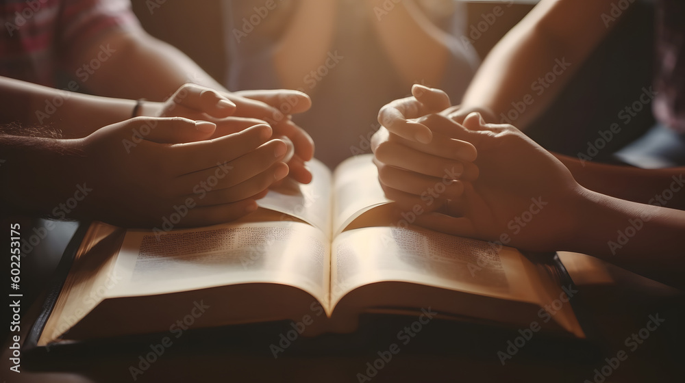 Christian group are praying to god with the bible and sharing the gospel. Concept of faith for god. - obrazy, fototapety, plakaty 