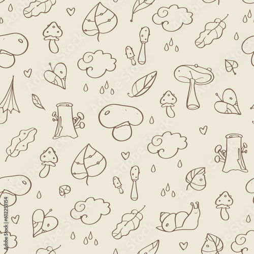 Seamless autumn simple hand-drawn lines pattern - snail, leaves, mushrooms, umbrella, rain drops. Doodles. Brown colors.