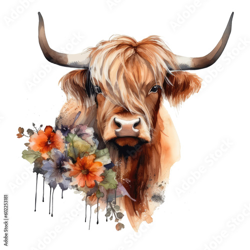 Watercolor bull with flowers