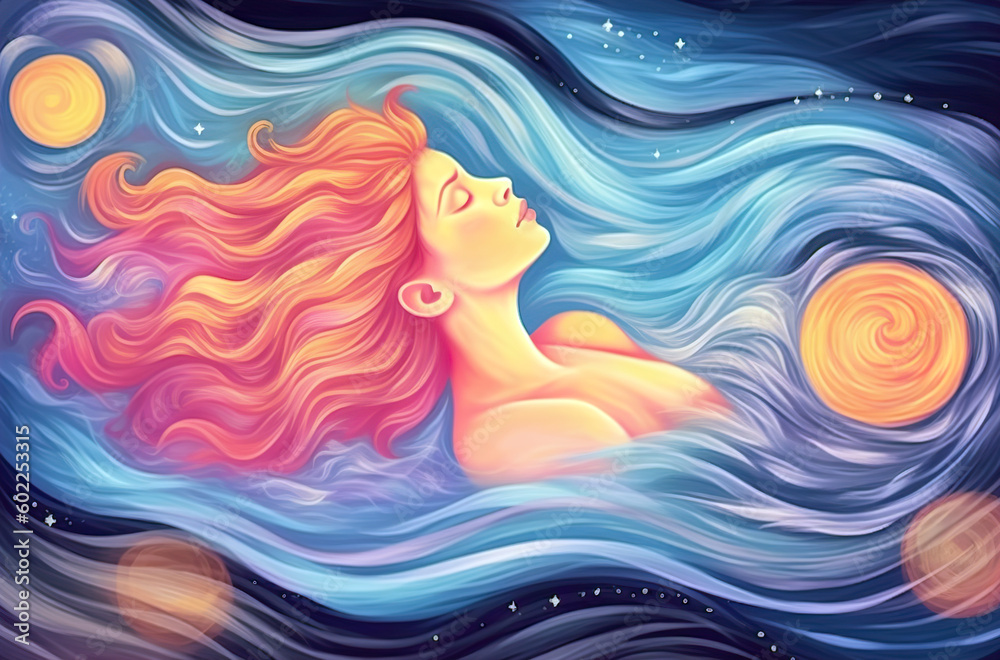 Sleeping girl with long hair dreaming in the waving clouds.Psychic waves concept.Esoteric calming background with soothing colors.Generative AI. Sleeping girl with long hair dreaming in the waving clouds.Psychic waves concept.Esoteric calming background with soothing colors.Generative AI.