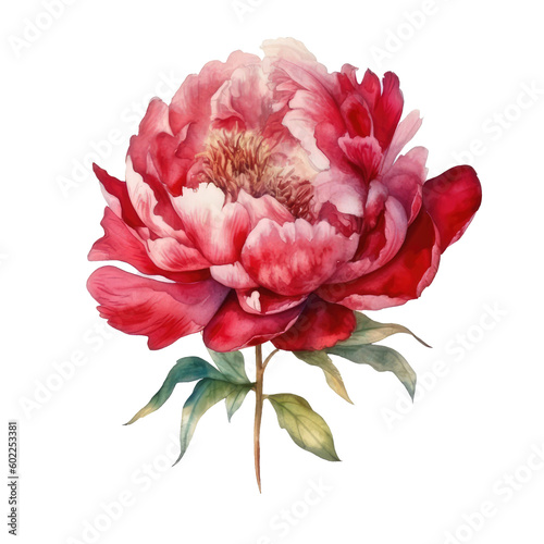 Watercolor red peony flower