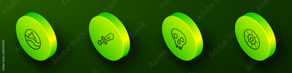 Set Isometric line Sea and waves, Medieval sword, Skull and Shield viking icon. Vector Set Isometric line Sea and waves, Medieval sword, Skull and Shield viking icon. Vector