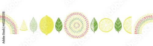 Vector hand drawn horizontal seamless pattern with lemon, citrus. Lemonade print. Sketch Exotic tropical juicy fruit, lemon with leaves, ethnic . Vector cartoon simple style illustration. Doodle 