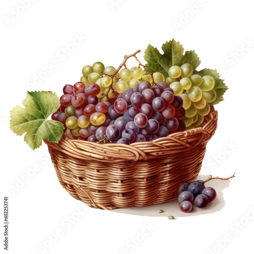 Watercolor wicker basket with grapes