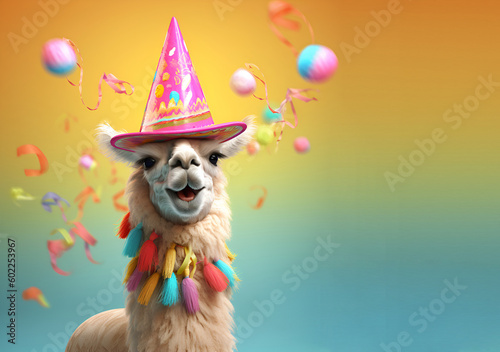 Creative animal concept. Alpaca in party cone hat necklace bowtie outfit isolated on solid pastel background advertisement, copy text space. birthday party invite invitation