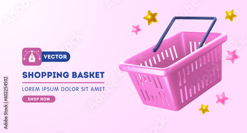 Advertising banner template with empty shopping basket. Realistic 3d pink shopping product cart on pink background. Place for text. Vector illustration