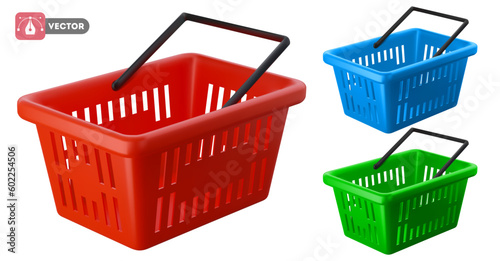 Empty shopping basket set. Realistic 3d shopping cart in different colors, red, blue, green, isolated on white background. Vector illustration