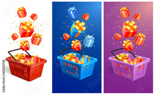Shopping cart full of gifts. Realistic 3d gift boxes fly and fall to shopping cart. Set of different colors, red, blue, pink, isolated on white background. Vector illustration