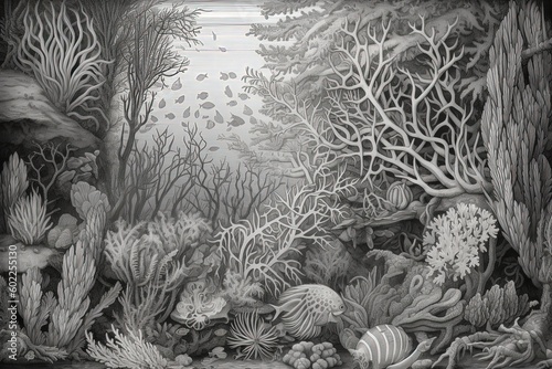 Delicate and Intricate Coral Reef Drawing with Exquisite Linework: An Artistic Masterpiece, generative AI photo